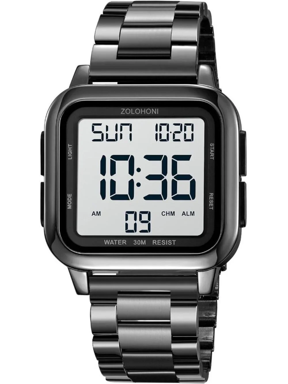 Men All Black Analog Quartz Stainless Steel Waterproof Square LED Digital Watch